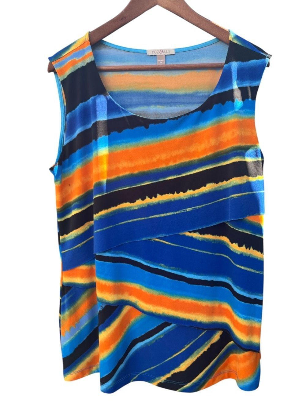 Roz & Ali Watercolor Sleeveless Striped Top Striped Blue Orange Size 1X